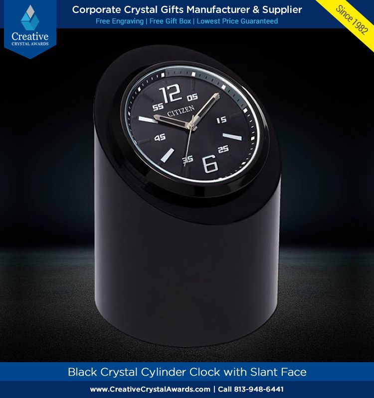 Black crystal cylinder clock with slant face, crystal desk clock, engraved crystal clock gift, personalized crystal clock award, desk clock crystal gift, promotional clock, desk clock, engraved crystal desk accessory, crystal office gift, wholesale crystal gifts supplier in USA – Creative Crystal Awards