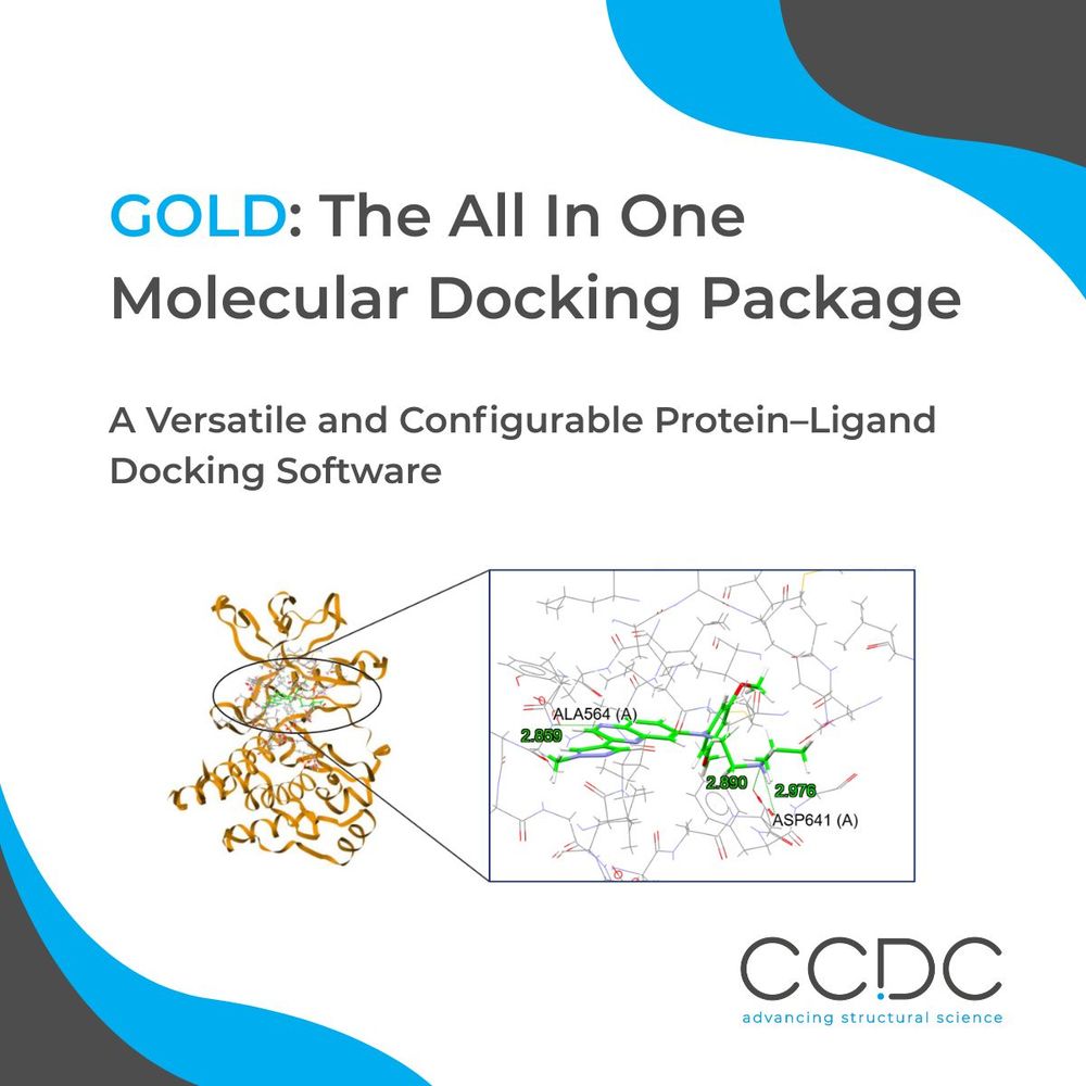 Promotional graphic with an image of a protein with a ligand docked and a zoomed view of the binding site.