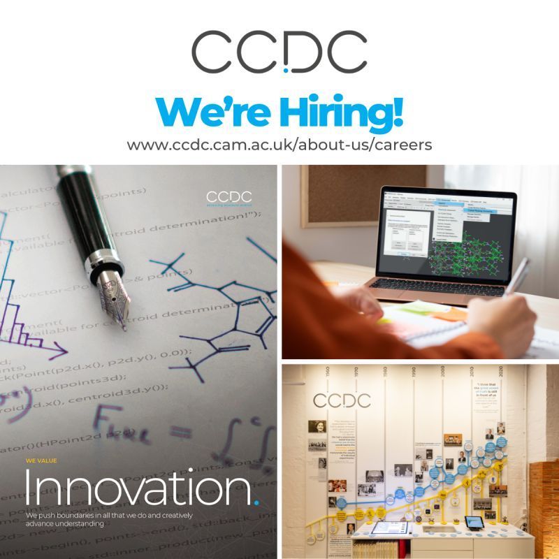 Promotional graphic with 3 images: a laptop showing chemistry software,  the CCDC timeline, and a pen and paper with scientific scribbles.