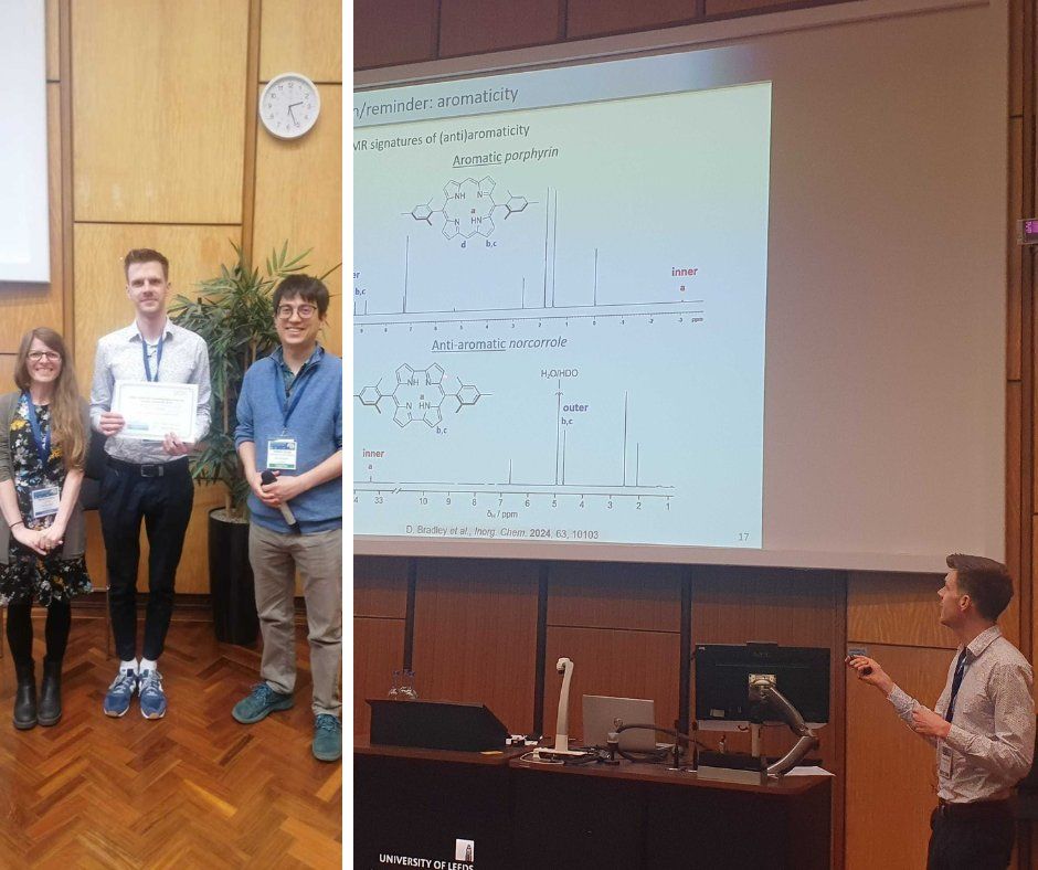 Side-by-side photographs, the left showing three people stood smiling at the camera with the middle person holding up a certificate, the right showing a presenter pointing to research on a projector screen.