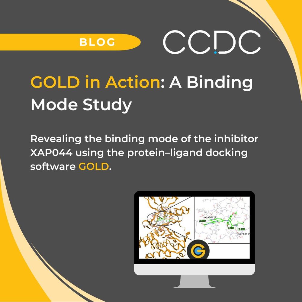 Promotional graphic with a cartoon computer screen showing GOLD docking results with the GOLD logo.