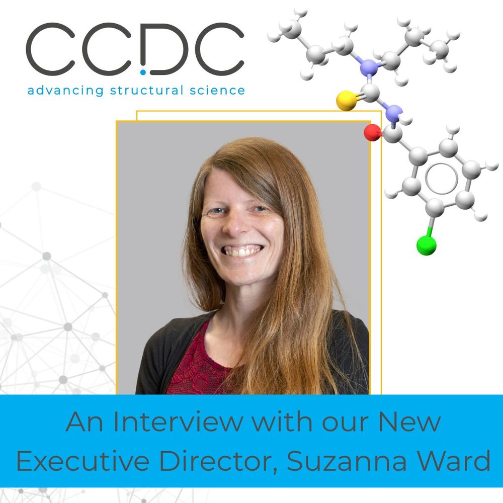 Promotional graphic with part of a 3D crystal structure and a photo of Suzanna Ward.