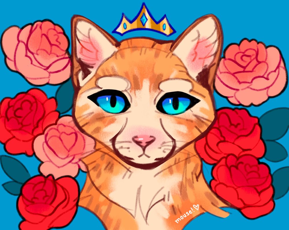 a sketch portrait of a tabby cat with blue eyes on a blue background, with red and pink roses surrounding it