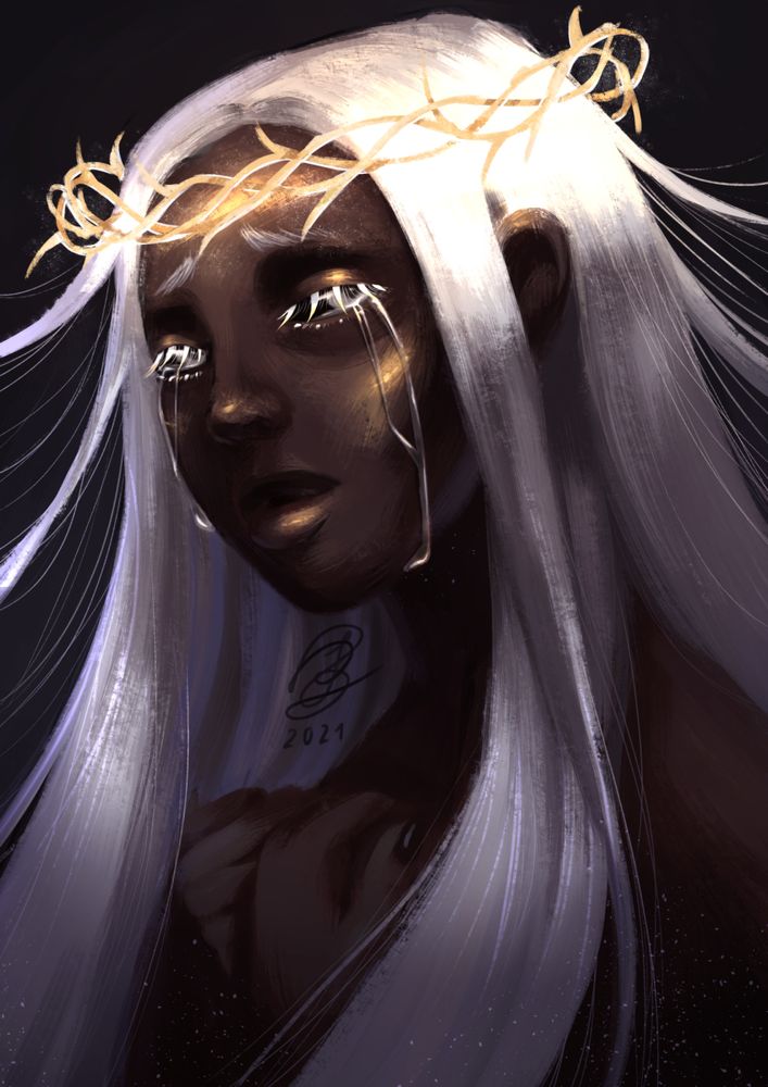 Black woman with white hair wearing a crown of thorns, similar to the one that Jesus is usually portraited with. She is crying.