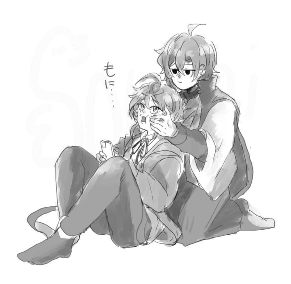 ヒプノシスマイク飴村乱数と夢野幻太郎のイラスト。スマホをいじっている乱数の後ろから、疲れたような無表情の顔をした幻太郎が乱数の頬を両手で挟み込んでいる。もに……という擬音が側に書いてある。