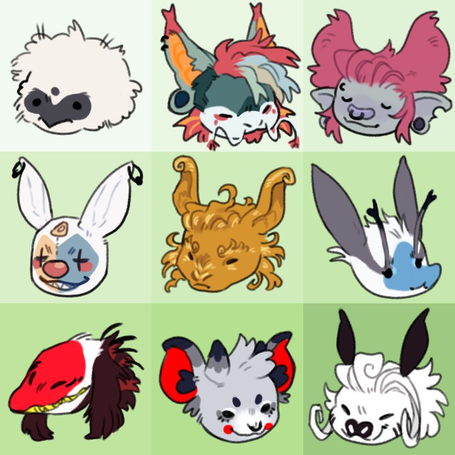 3x3 colorful grid of headshots of ocs in a simplified style, their species and expressions vary