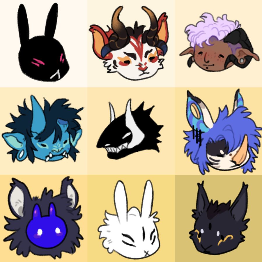 3x3 colorful grid of headshots of ocs in a simplified style, their species and expressions vary