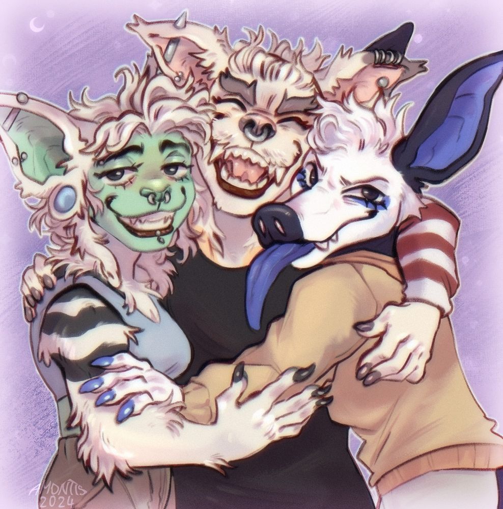 Halfbody drawing of my three main characters, from left of the screen to right it’s Luna, a cat with white fur and green face, Bea, a chihuahua mutt with a big smile and messy hair, and 2D, an aardvark sticking their tongue out. The three of them are smiling and having a group hug