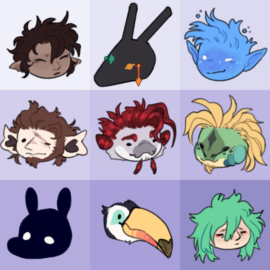 3x3 colorful grid of headshots of ocs in a simplified style, their species and expressions vary