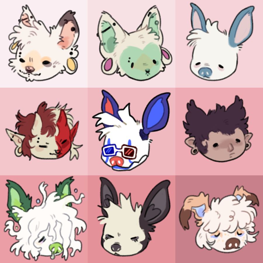 3x3 colorful grid of headshots of ocs in a simplified style, their species and expressions vary