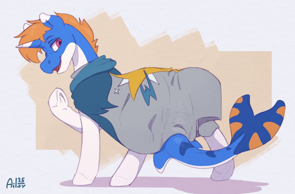 Digital art of a blue and white unicorn pony dressed in a long grey coat.
