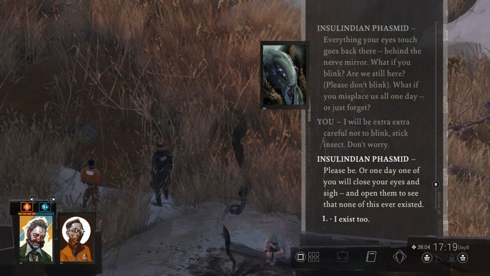 A screenshot of DISCO ELYSIUM, the Insulindian Phasmid breaking your heart.