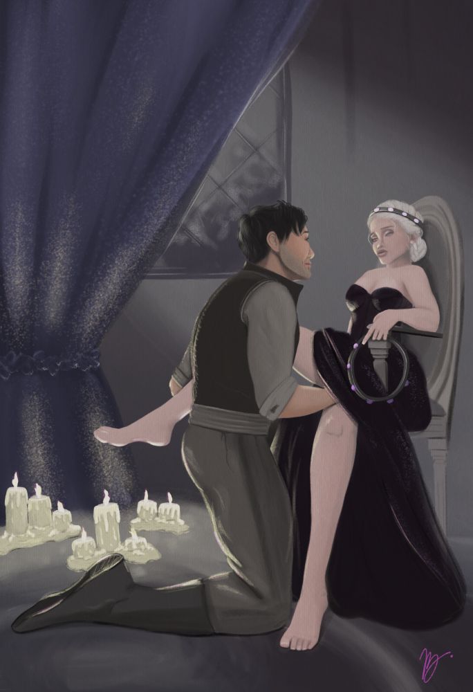 A King Kneels between the legs of his silver-haired queen as she sits perched on a throne in a candlelit room. She holds his crown as his hands explore what's beneath her skirts. 

Digital drawing done in Procreate. Original characters/content. No AI is ever used in my art. I hope you enjoy! 