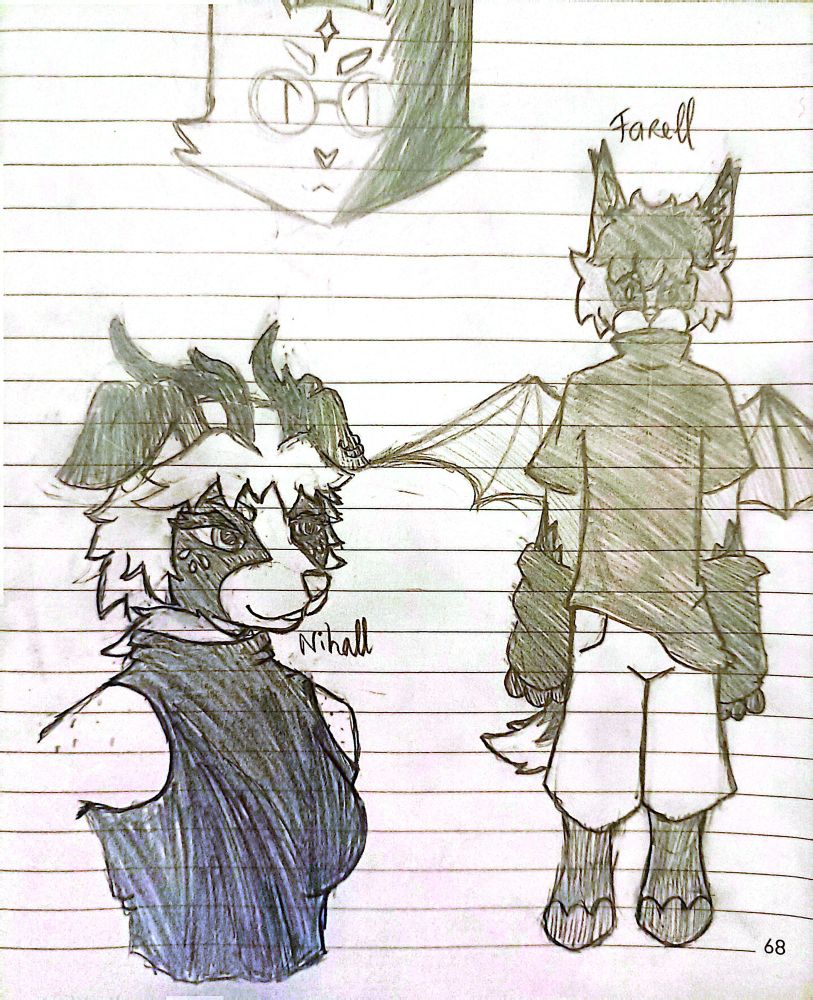 Doodle of a dog/deer hybrid furry and a fox furry.