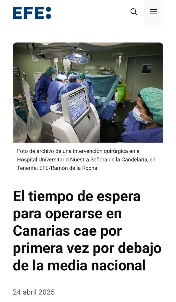 Titular de EFE "El tiempo de espera para operarse en Canarias cae por primera vez por debajo de la media nacional"