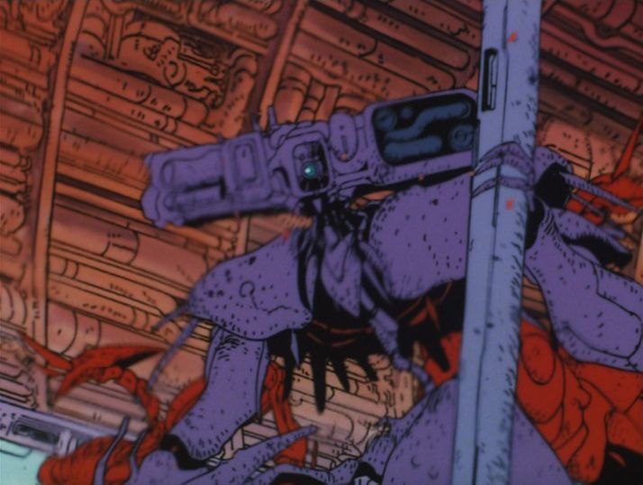 screenshot from the anime Dragon's Heaven. A purple skeletal robot is holding to a railing inside an airborne ship. Behind him are two insectoid robots.
