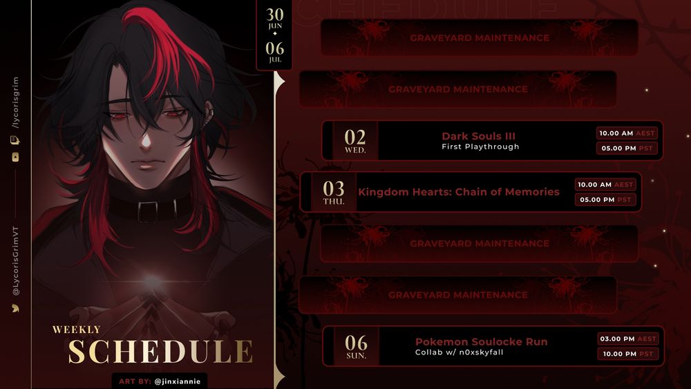 Wednesday - Dark Souls 3 starting at 10am AEST (Tuesday 5pm PST)
Thursday - Kingdom Hearts: Chain of Memories starting at 10am AEST (Wednesday 5pm PST)
Sunday - Pokemon Soulocke with noxskyfall starting at 3pm AEST (Saturday 10pm PST)