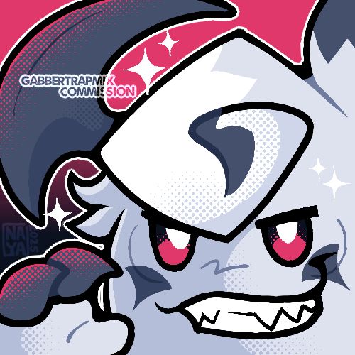 A headshot/icon of a Clefable and Absol pokefusion. She has a mischievous expression and is grinning at the viewer with sharp teeth. Her right hand is visible near the bottom of the frame. The background is black and red, with red halftone highlights on the dark colors of the character. 