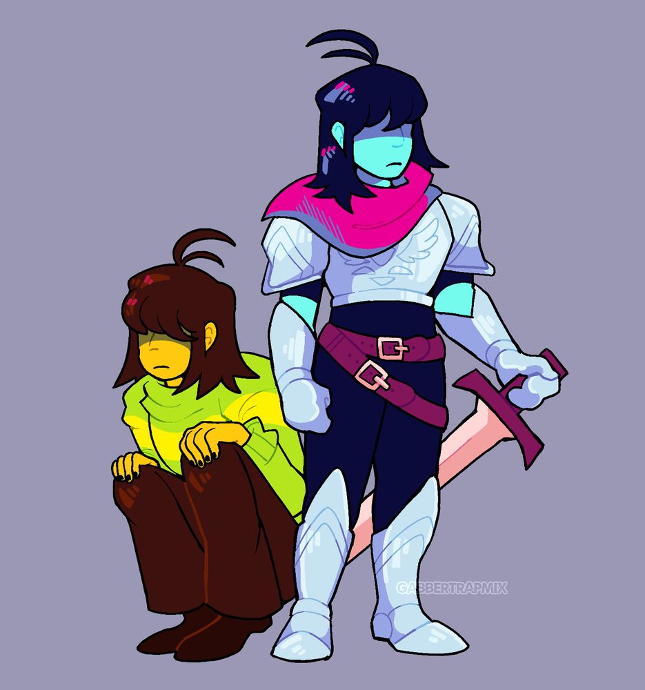 A digital illustration of the character Kris from Deltarune. The left shows their Light Word appearance, with a green and yellow striped sweater and brown pants, crouched with their hands on their knees. The left shows their Dark World form, dressed in silver armor with a pink scarf, standing tall and holding their sword in their left hand.