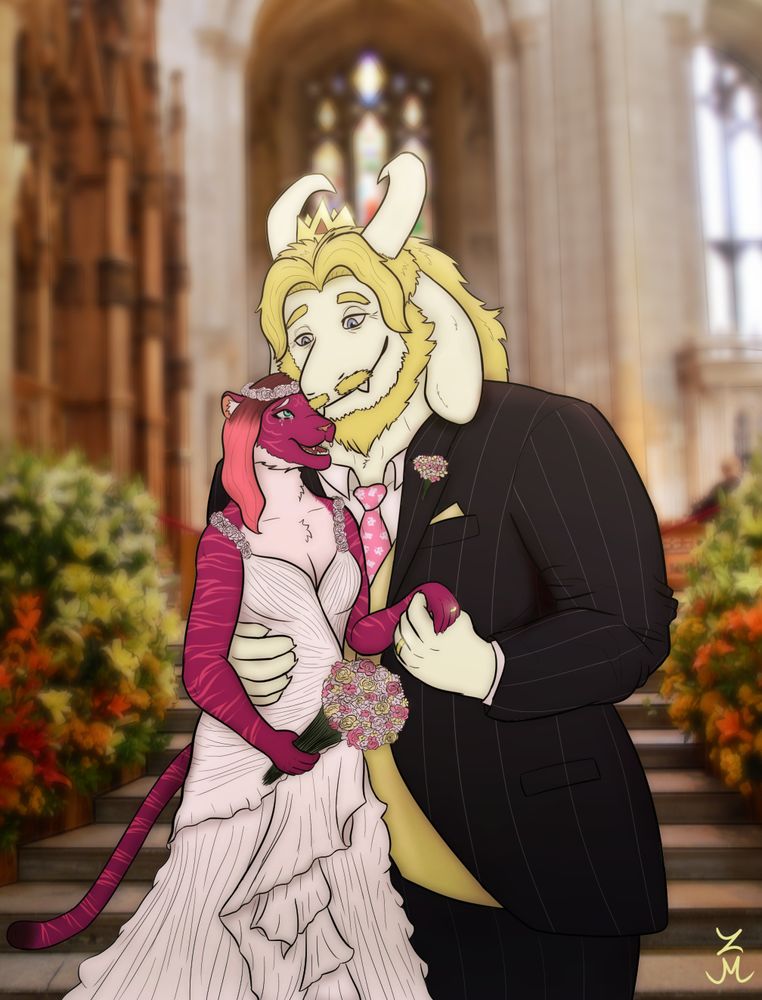 Asgore, a large white anthro goat with golden hair and facial hair stands close to and looks down lovingly at Zarza, a small purple and pink tigress. Asgore is wearing a black pinstriped suit with a gold vest, white shirt, pink and white flowery tie, a gold pocket square, and a small golden crown. He has a small boutonniere on his lapel with pink, white, and yellow flowers. One of his arms is around Zarza, holding her waist, and the other is holding her small hand, showing off both of their golden wedding rings.

Zarza tearfully looks up at Asgore with a big smile. She is wearing a flowy white dress, a white flower crown, and is holding a bouquet of pink, white, and yellow flowers. A blurred background depicts an ornate church interior, with stairs behind them leading upward, surrounded by flowers.