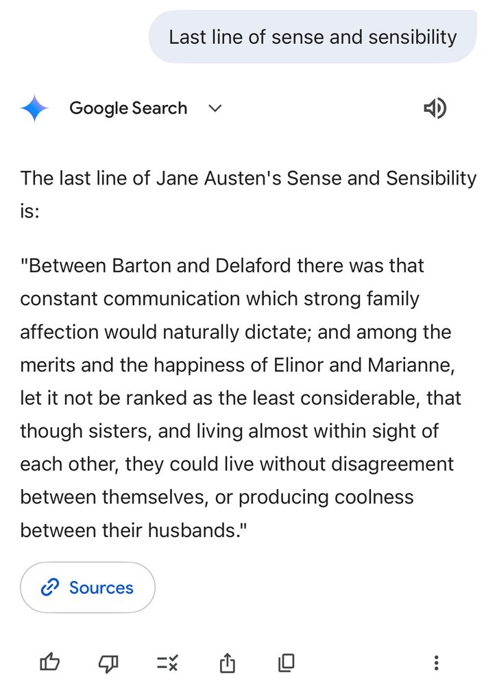 Screenshot of Gemini response (AI but powered by Google) to the query ‘last line of sense and sensibility’