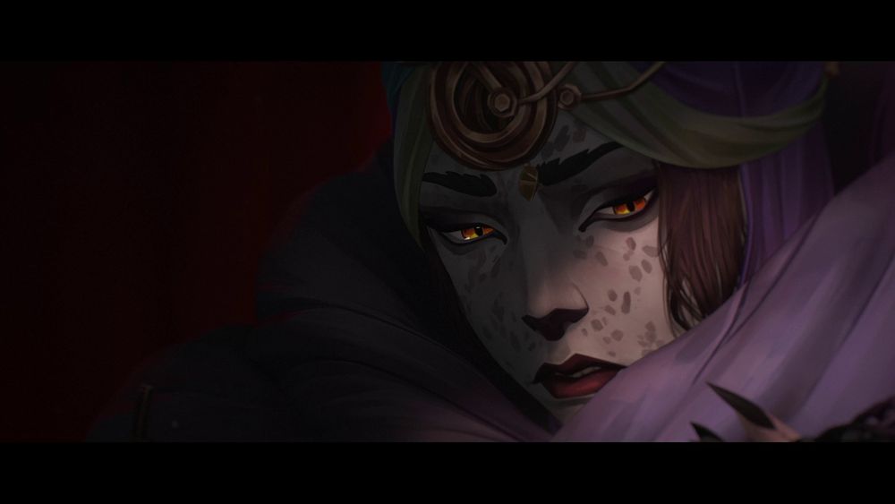Screenshot of Lest from Arcane season 2, close-up on her face