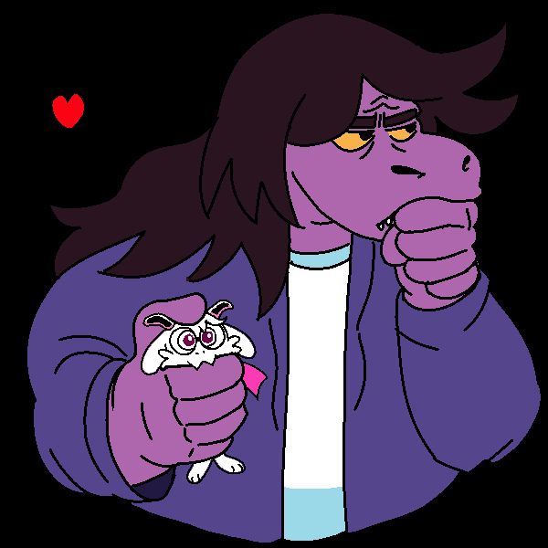 susie from deltarune holding a tiny Ralsei from deltarune, while the SOUL heart floats behind them. they are mimicking the pose of the Looney Tunes characters Marc Anthony and Pussyfoot