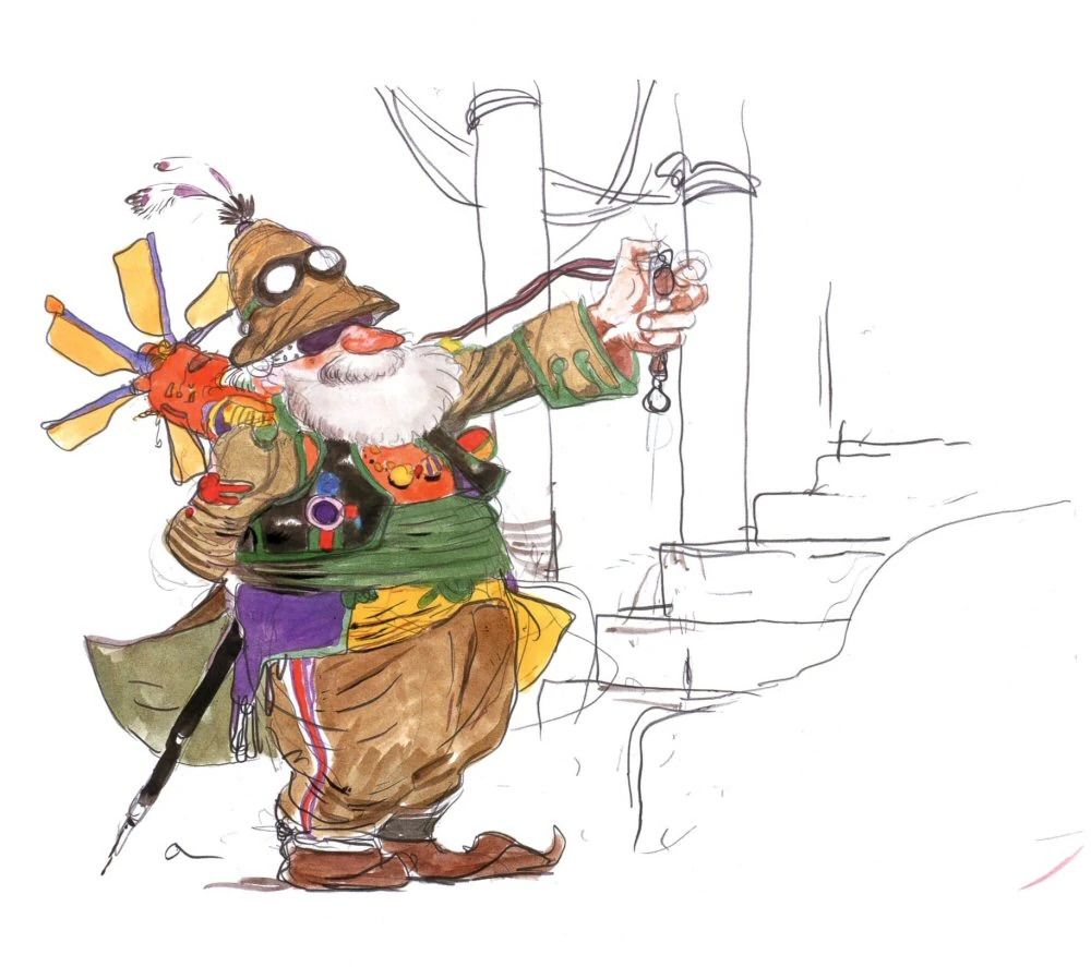 Yoshitaka Amano's concept art of Cid from Final Fantasy III, a squat old man with a beard and a propeller on his back, a big floppy hat and a multicolored outfit beset with thingamajigs and doodads