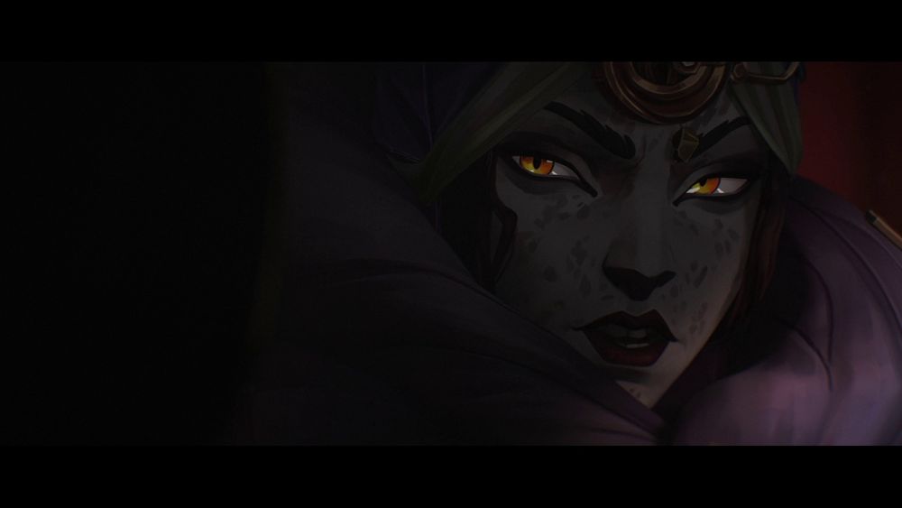 Screenshot of Lest from Arcane season 2, close-up on her face