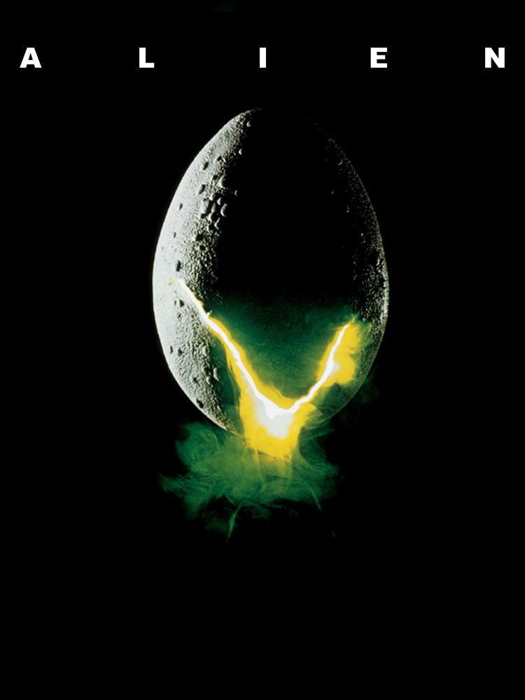 Poster for the movie, Alien (1979): a large egg against a black background has a large crack in it, leaking out bright green ooze and smoke. The word “ALIEN” is across the top of the image.