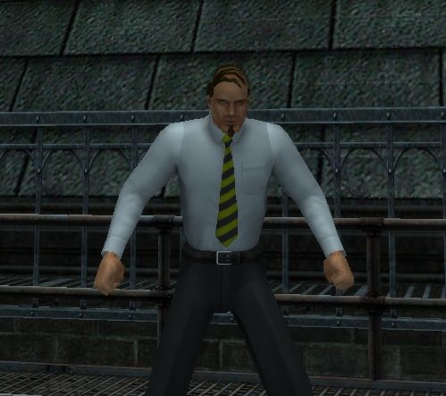 In-game screenshot showing Imagine Dragons in his untransformed secret identity, Wayne Reynolds. He is a slender, balding white man wearing black slacks and a white dress shirt with a yellow and black striped tie.