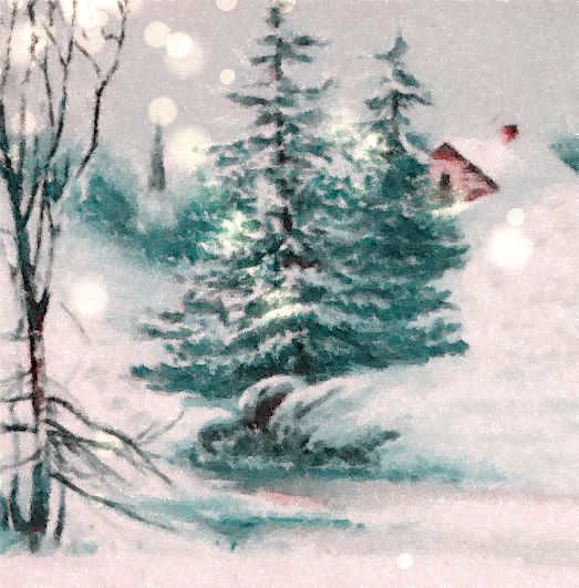 Green trees in winter with with snow and bokeh lights.