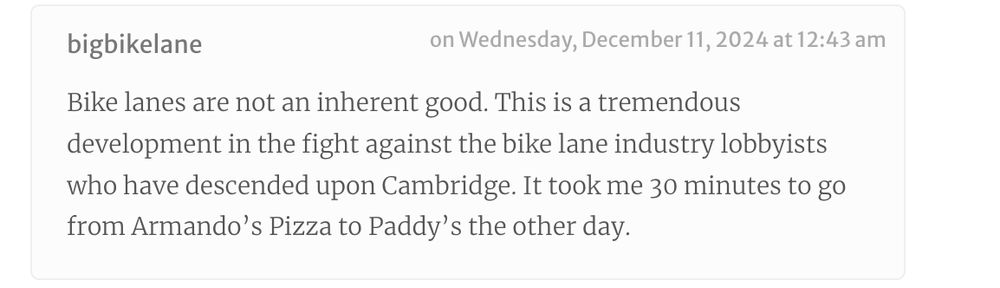 Screenshot of a comment complaining about a short trip in Cambridge taking 30 mins by car due to the "bike lane industry", despite no bike lanes on any of the streets between the origin and destination
