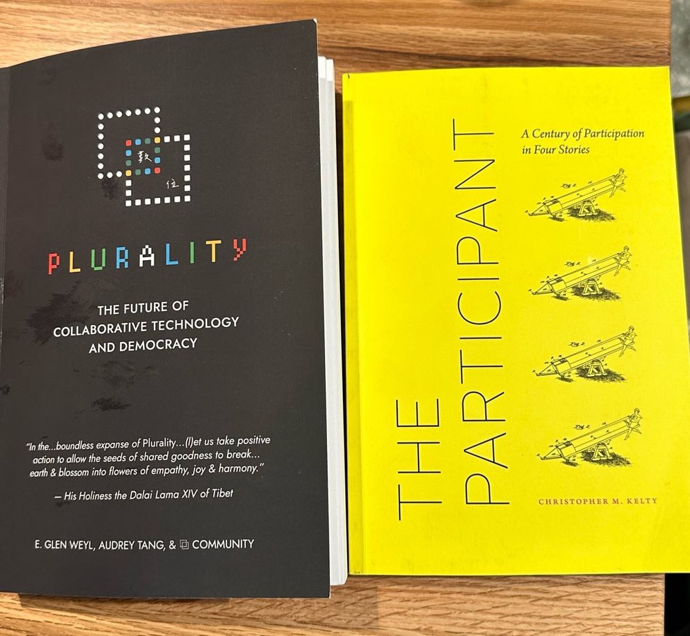 Two books: Plurality by Audrey Tang et al, The Participant by Christopher M Kelty