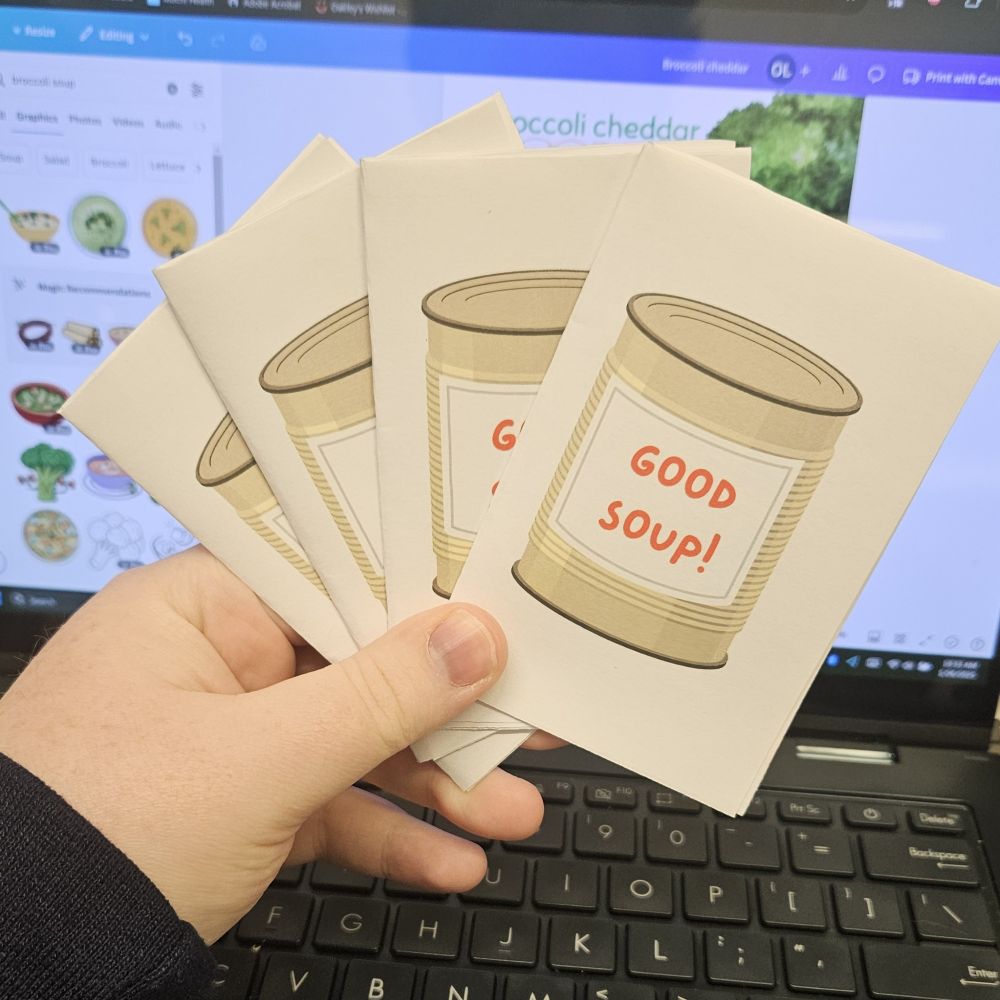 4 mini zines with a picture of a tin can on the front labeled Good Soup!