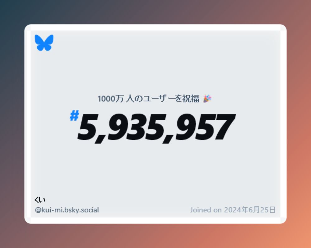 A virtual certificate with text "Celebrating 10M users on Bluesky, #5,935,957, くい ‪@kui-mi.bsky.social‬, joined on 2024年6月25日"