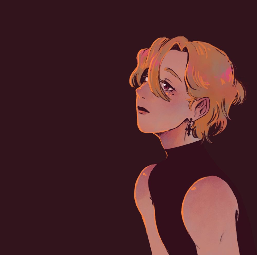 Drawing of a blonde, red eyed, melancholy looking, pretty man, looking to the left in a side profile. He's wearing a turtleneck that doesn't have any arms and a cross earring. The drawing is dark and a little moody looking with colourful highlights.
