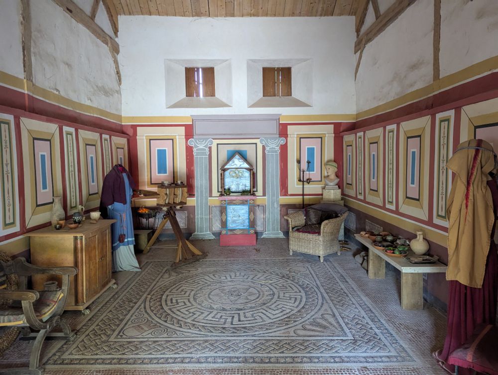 Inside the Roman Villa in a reception room with an extensive mosaic floor 