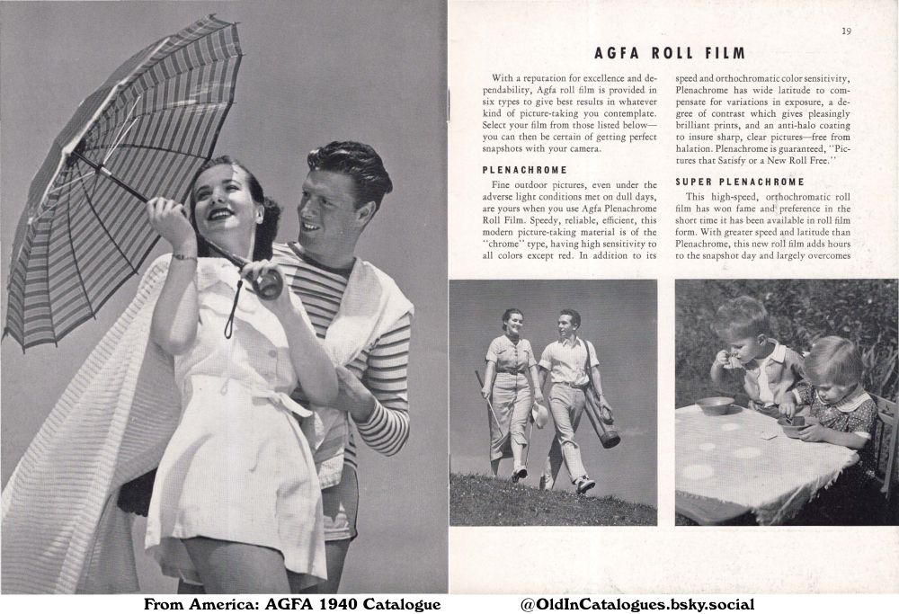 This catalogue page advertises Agfa roll film. It presents the Agfa Roll Film product line, emphasizing its features and benefits for various photographic needs. Two specific film types are mentioned: Plenachrome and Super Plenachrome.

(+Plenachrome
Roll Film
and Super Plenachrome)