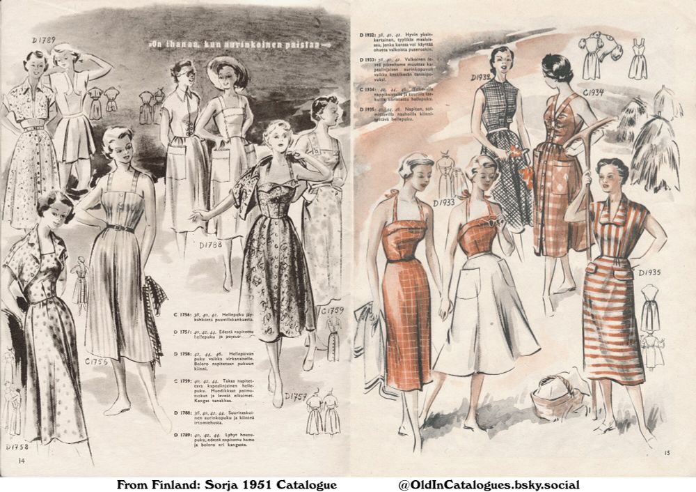 This page showcases a variety of women's summer dresses, sundresses and other garments. The illustrations are hand-drawn and the text is in Finnish, providing product numbers and size details. It's likely a page from a vintage sewing pattern catalogue.

C 1756 «C 1756»
C 1759 «C 1759»
C 1934 «C 1934»
D 1757 «D 1757»
D 1758 «D 1758»
D 1788 «D 1788»
D 1789 «D 1789»
D 1932 «D 1932»
D 1933 «D 1933»
D 1935 «D 1935»