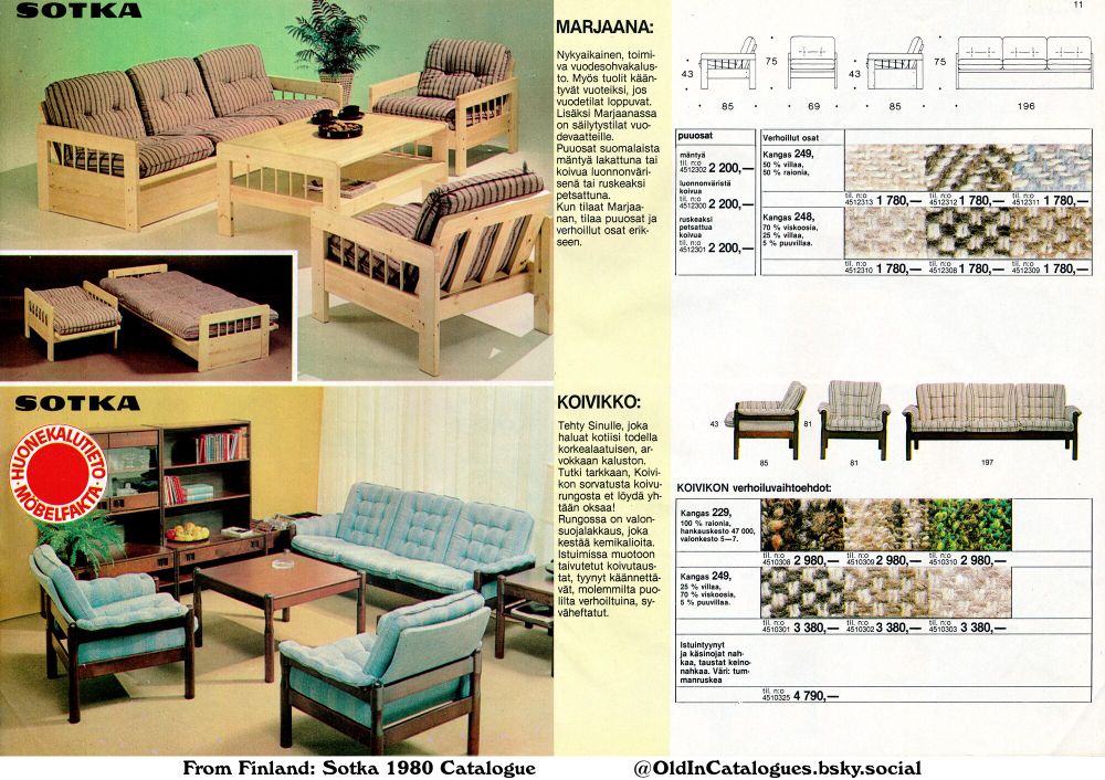 This page showcases furniture from the SOTKA brand, focusing on the Marjaana sofa bed and Koivikko sofa set. The catalogue includes various fabric choices, dimensions, and prices. It also highlights the use of Finnish pine and birch wood.