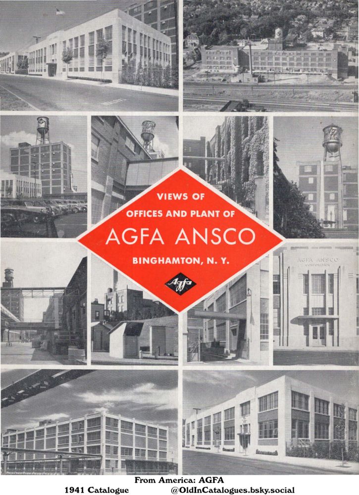 This is a vintage promotional page showcasing the offices and plant of Agfa Ansco in Binghamton, N.Y. The page features a collage of black-and-white photographs of various buildings and facilities associated with the company.