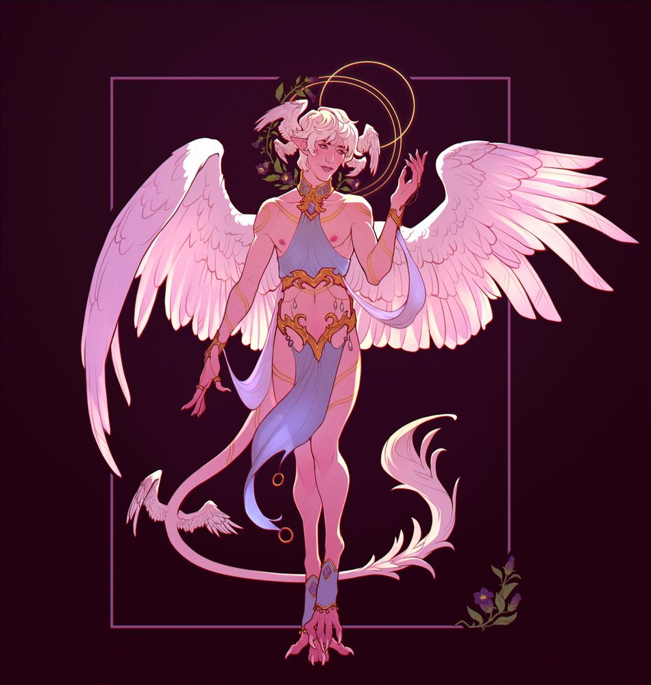 Beautiful blonde boy with wings and tail stands in the regal pose. Light shines through his feathers from the back