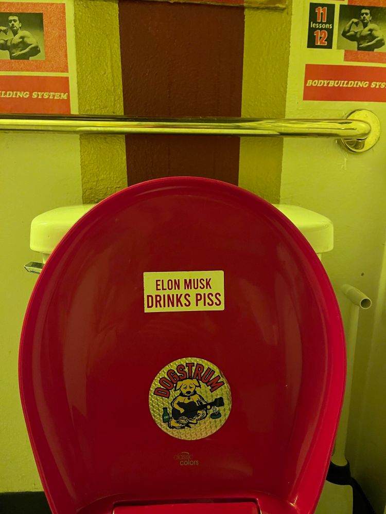 A red toilet seat with a couple of stickers, one of which reads "ELON MUSK DRINKS PISS"