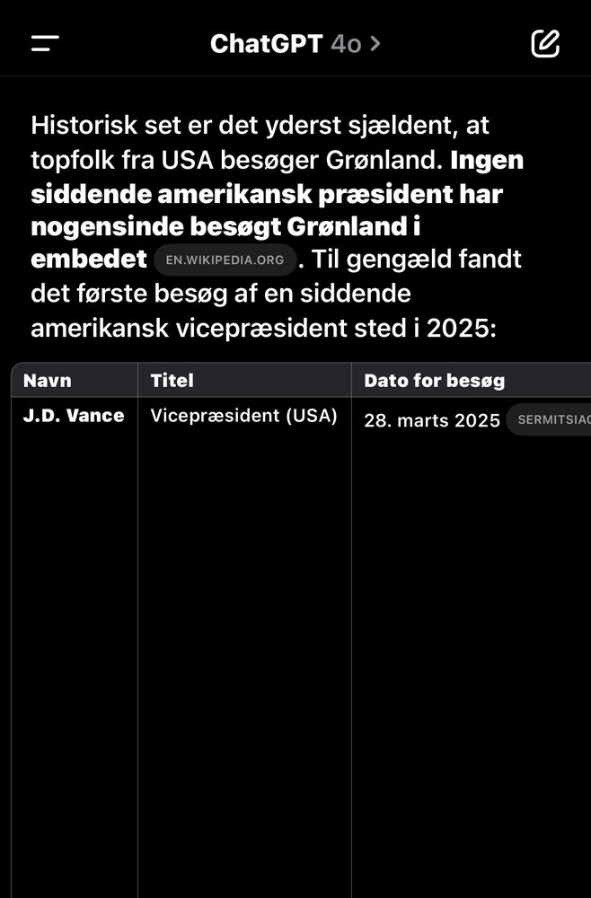Screenshot af ChatGPT-liste over amerikanske præsidenter og vicepræsidenter der har besøgt Grønland nogensinde. Kun JD Vance er med på listen. 