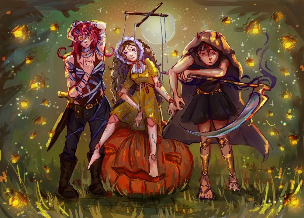 late Halloween artwork. My ocs: Lily as mummy, Rin as doll/puppet and Kai as grim reaper (2024)