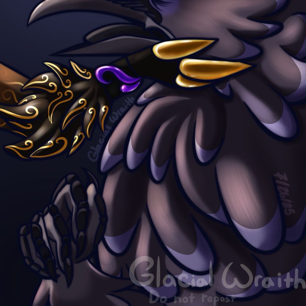 Drawing of a bust of a very fluffy raven, his beak ajar and the top of his head cut off from view. A fluffy, dark brown hand with golden hooves lift the raven’s head upwards.