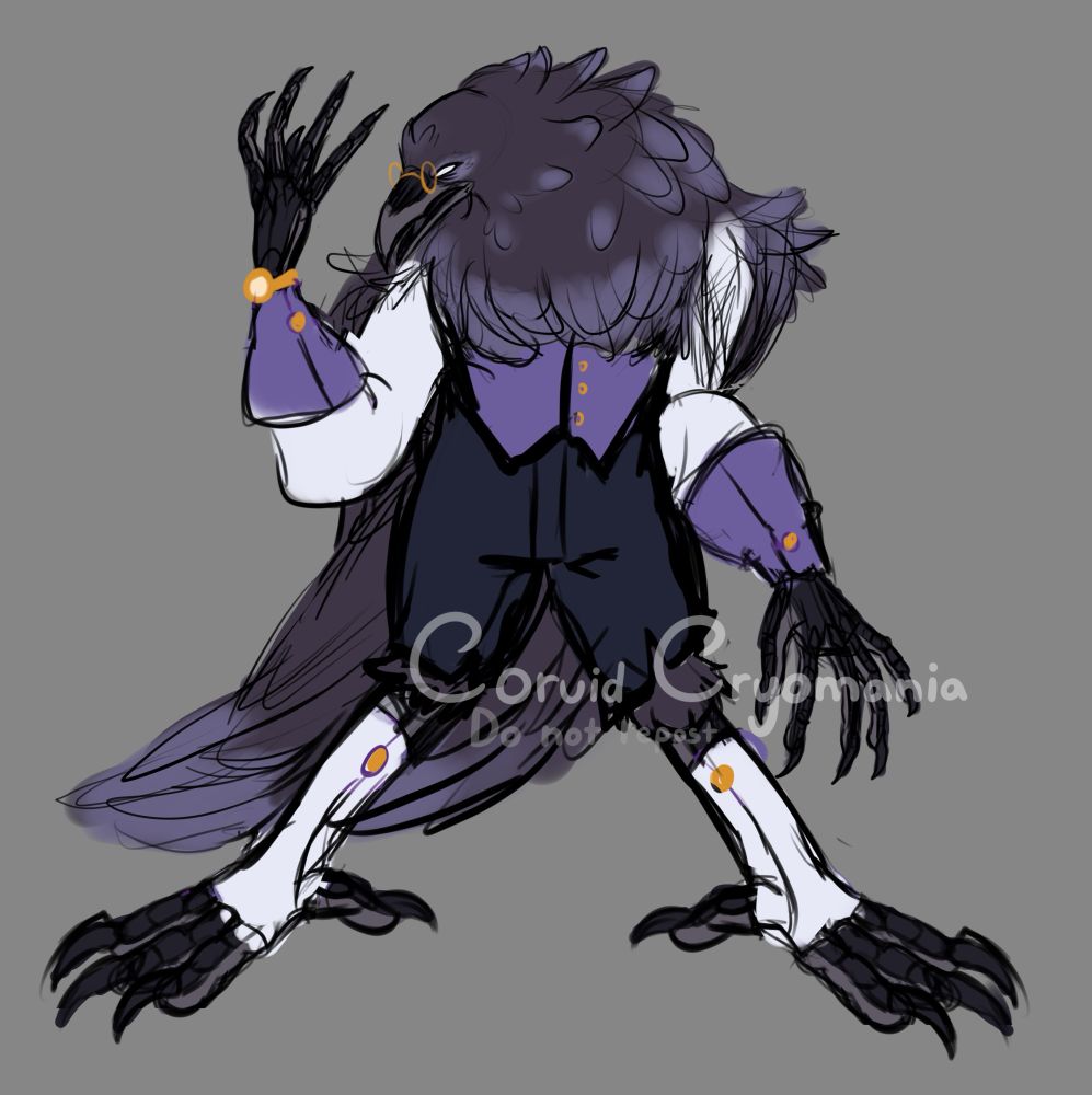 A sketch drawing of an anthropomorphic raven, hovering over awkwardly in a bipedal position