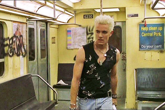 From Buffy the Vampire Slayer, William "The Bloody" Pratt, also known as "Spike" inside a New York Subway carriage.

He has punk look that resembled that of Billy Idol (as he claimed, Idol resembled Spike), bleached white hair, sleeveless T-shirt and snonewashed jeans