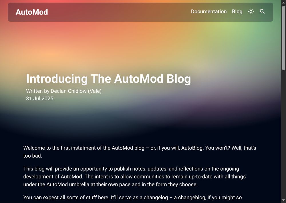 A blog page. At the top is a translucent navbar which is followed by a rainbow mesh gradient behind a header which reads 'Introducing the AutoMod Blog'. Beyond that is the text of an article.